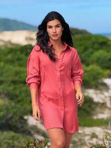 Saída de Praia Camisa Chemise Lisa Moda Praia - Rosê - Visão 5