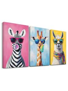 3pcs Pop Art Design Wall Art Decor, Artistic Modern Artwork, Animal Portraits Canvas Print Wall Arts, Colorful Backgrounds Posters, Funny Animals Room Aesthetic, Fashion Accessories Wall Arts, Poster, Room Aesthetic, Ideal Gift, Optional Framed ,Wall Art With Frame - 3Pcs/Set - View 2
