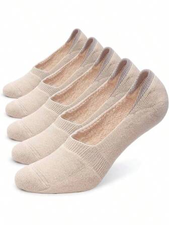 5pairs Women's Elegant Solid Color Thick Cushioning Low-cut Flat Non-slip Boat Liner No-show Socks