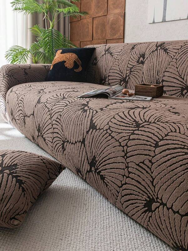 1pc Leaf Pattern Stretch Sofa Cover, Vintage Plush 4-Season Universal Full Cover, Living Room Decor, Anti-Slip Suitable For Living Room & Bedroom, Pet-Proof, Free Anti-Slip Strips Included