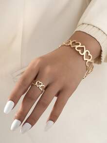 1 套心形手链和戒指，时尚设计珠宝礼物，复古浪漫风格，适合女性，适合旅行和度假 - 金黃色 - 查看 1