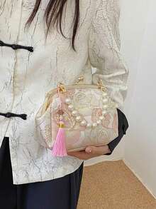 Women's Elegant Beaded Embroidered Tassel Floral Print Handbag, Clutch Purse, Suitable For Evening Party, Wedding, Banquet, Gift For Mother's Day, Bridesmaid, Valentine's Day, Creative Gift For Her - Pink - View 4