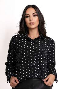 Women's Long Sleeve Polka Dot Dress Shirt In Crepe Fabric - Đen và trắng - Xem 1