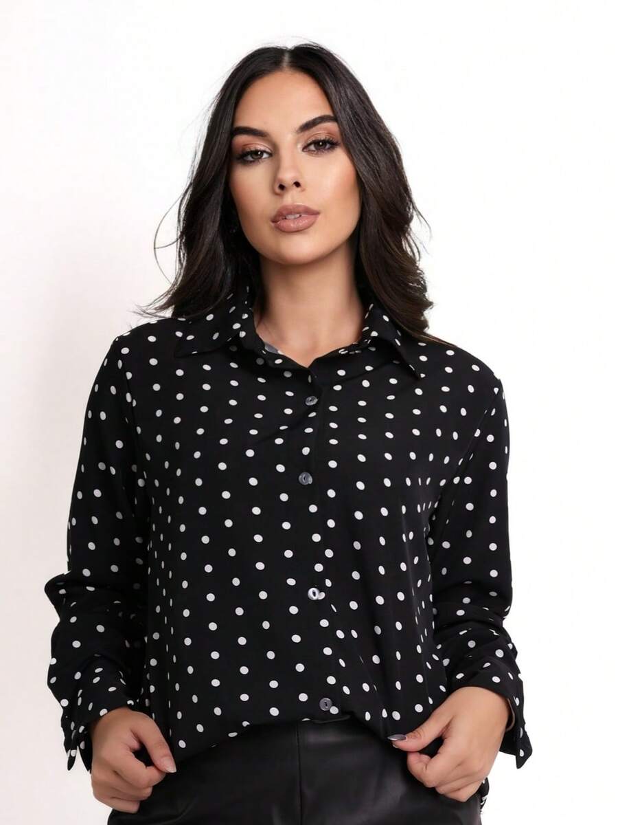 Women's Long Sleeve Polka Dot Dress Shirt In Crepe Fabric - Đen và trắng - Xem 1