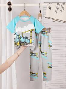BrownBark 4 Sets, 8 pièces - Ensemble de pyjama décontracté d'été pour jeune garçon avec imprimés de dinosaures, de requins, de pelleteuses. Top à manches courtes et pantalon. Tenue d'intérieur d'été confortable pour garçons