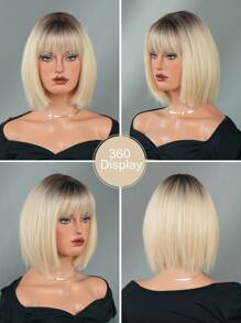 NICKY WALL Short Straight Blonde Bob Wig-12 Inch Elegant Wig With Bangs Dark Roots - Heat-Resistant Synthetic Fiber Wigs For Parties, Mother's Day - Easy Care For All Occasions(1Pc Hairnet For Free)