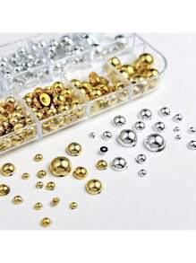 12 Grid/Box Mixed Gold And Silver Semi-Circular Pearl Flat Bottom Pearl,Nail Accessories,DIY Nail Accessories,Nail Art,For Boys And Girls,Punk Style