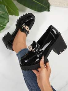 Foot Flair Women"S Metal Chain Decor Waterproof Platform Round Toe Slip-On Thick Sole High Heels (Run 1/2 Size Small), Vintage Inspired Chunky Heel Oxford Pumps, Black, British Style Office Shoes, Spring & Autumn