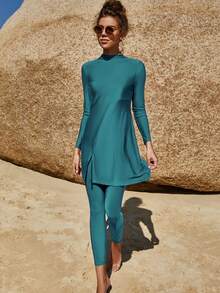 VFJ Bộ đồ bơi Hồi giáo cho phụ nữ 2 chiếc đồ bơi Burkini che toàn thân đồ bơi thể thao dài đi biển - Màu xanh Cadet - Xem 3