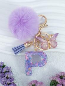 Cute Pom Pom Sequin Letter A-Z Resin Tassel Keychain, Wallet & Handbag Charm, Chain Backpack Pendant, Car Hanging Ornament, Girl Gift, School, Car Accessories, Gothic Y2k - Purple - View 32