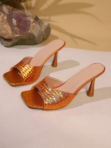 2025 Spring/Summer New Women's High Heel Peep Toe Beach Sandals, Stone Print Pattern, Plus Size Export Quality - Burnt Orange - View 3