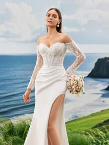 蕾丝缎飘逸优雅浪漫甜心领口奢华皇室婚纱白色婚纱高腰新娘婚纱教堂婚纱酒店婚纱花园婚纱海滩婚纱经典婚纱 - 白色 - 查看 5