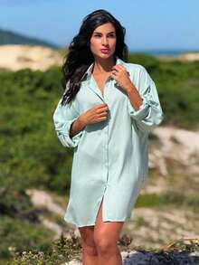 Plain Chemise Shirt Beach Cover-Up - Light Green - View 4