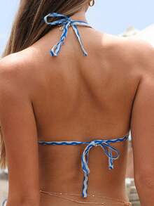 女士蓝色印花性感比基尼上衣