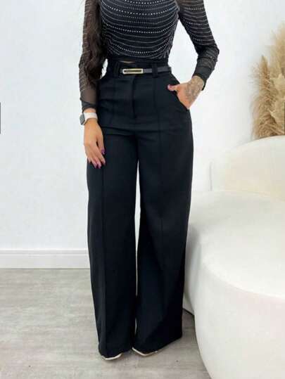 Calça pantalona alfaiataria com anel Risco  feminina cintura alta