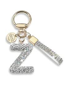 白色首字母钥匙扣礼物，适合女士女孩闪亮可爱背包汽车钥匙配件挂绳汽车配件包饰背包学校哥特式 Y2k 包挂绳带身份证夹汽车配件包饰