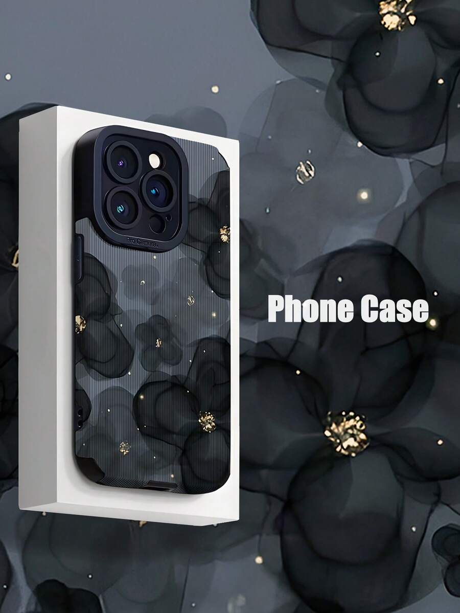 1 Piece Black Ink Floral Pattern Vertical Striped Faux Leather Shock Absorbing Soft Phone Case Compatible With Apple And Models Waterproof Anti-Fall Scratch Resistant - Multicolor - View 1