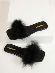 Women's Square Toe Flat Sandals, Fashion Party Strap Flip Flops Black Slippers, Sexy With Dress, Spring/Summer - Black - View 5