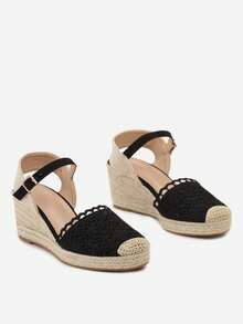 Espadrille Sandals With Braided Wedge And Openwork Toe - Black - View 3