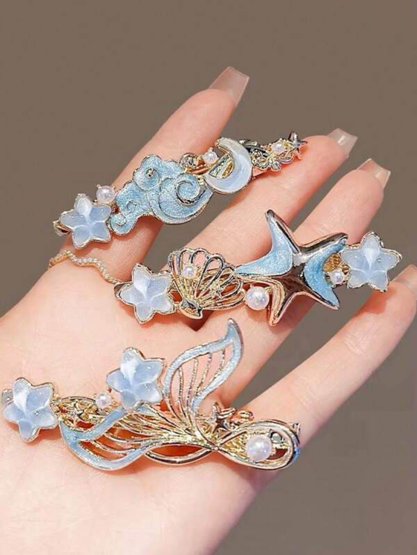 3/1 Pcs Shiny Fresh Blue Ocean Faux Shell Faux Pearl Duck Clip For Women, Elegant Hair Clip Bangs Hairpins Hair Accessories, School Stuff, Faux Pearl Hair Accessories