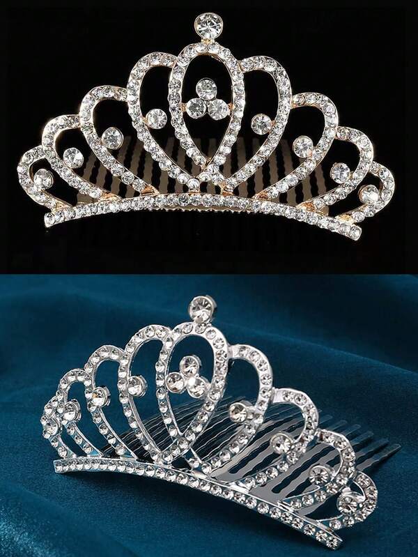 1 Set (2pcs) Crystal & Crown Decor Romantic Bridal Hair Comb, Elegant Party Headpiece, Simple Silver Princess Hair Comb Crown, Alloy Crystal Bride Crown, Event Accessories, Wedding Decoration, Cosplay