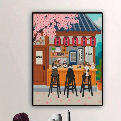 1pc Sushi Bar Cat Modern Japanese Restaurant Cherry Blossoms Canvas Art Print Modern For Home Office Decor, Perfect For Living Room, Bedroom, Kitchen, And More Decor Gift Optional Frame ,Wall Art With Frame Kitchen Decor