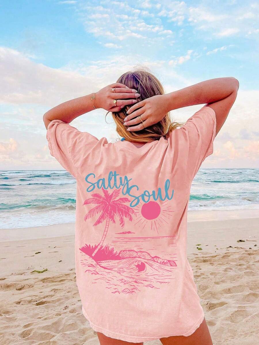 Magliette da ragazza con stampe di vedute sul mare e slogan, t-shirt a maniche corte, top estivi da ragazza con scollo rotondo, adatti per scuola, vacanze e outfit da shopping