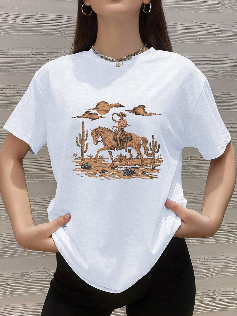Cowboy Horse Classic Western Scene Women's Plus Size Sports Short Sleeve T-Shirt - White - View 1
