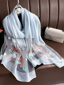 1pc Floral Embroidered Pearl Silk Scarf, New Fashionable & Elegant Woven Shawl For Women, Sunscreen Headscarf, Beach Cover Up' For Dress - Multicolor - View 23