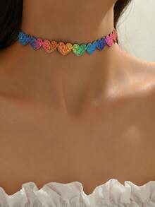 1PC Y2K Rainbow Heart Choker Necklace For Women Festival Jewelry Accessories - Multicolor - View 6