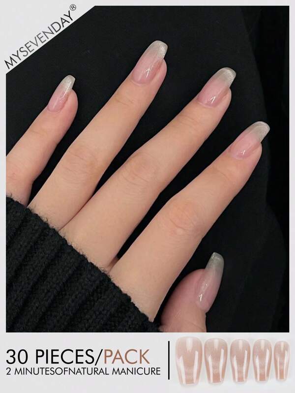 30 Pieces Of Trapezoidal Press-Type False Nail Pieces, Simple Nude Cat-Eye French-Style Women's Nail Patches, A New Fashion For Fingertips. Paired With 1 Piece Of Jelly Glue And 1 Piece Of Washboard, Suitable For Women's Parties, Balls, Daily Casual Wear, Detachable And Reusable