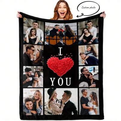 1Pc Personalized Family Photo Blanket - Custom 10-Picture Collage, Modern Style With "Family" & "Love" Quote, Lightweight & Cozy For All Seasons, Perfect Gift For Birthdays, Holidays, And Special Occasions, Allseason Comfort | Collage Design | Quality Craftsmanship, Personalized Blanket