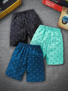Set de 3 pantalones cortos deportivos de estilo casual y suelto con estampado de espiga para adolescentes varones, conjunto de múltiples colores a juego