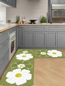 1pc White & Green Contrast Floral Print Kitchen Floor Mat, Non Slip Oil Resistant Floor, Waterproof Rug, For Entrance Kitchen Living Room Laundry Bathroom Home Decoration Only For Room Decoration Hand Wash - Multicolor - View 3