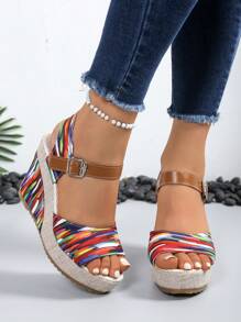 2024 New European Women Platform Wedge Sandals, Outdoor Versatile One-Strap Slides, Sexy Floral Print Beach Casual Slippers, Comfortable Open Toe Shoes, Green Floral Elevated Petite Shoes
