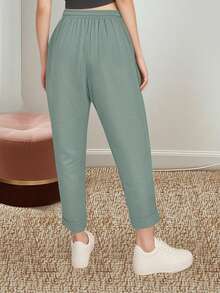 Women's Solid Color Elegant Comfortable Elastic Waist Tied Pockets Casual Straight Leg Pants, Suitable For Beach, Commute, Work And Home Wear, Spring/Summer/Autumn