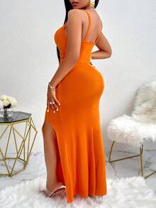 BIUBIU 女式加大码夏季垂坠领时尚前开衩吊带优雅贴臀修身连衣裙 - 查看 2