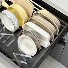 1pc Adjustable Stainless Steel Dish Drying Rack, Expandable Foldable Over Sink Organizer, Multi-Tier Bowl Pot Lid Storage System, Cabinet/Drawer Dual-Use Shelf, Space Saving Rack For Kitchen/RV/Countertop