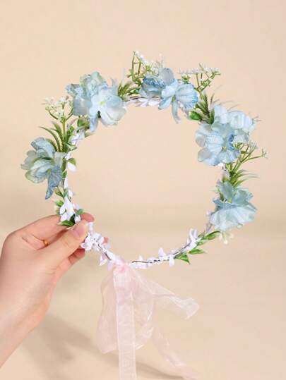 1pc Elegant Bride Wedding Floral Wreath Headband, Boho Forest Fairy Style Flower Crown For Holiday, Beach Photography, Hawaii Outfit For Women, Hair Accessories