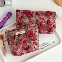 Red Rose Floral Pattern Handbag Cosmetic Pouch, Portable Sanitary Napkin Organizer Bag, Large Capacity Wallet, Zipper Storage Bag For Travel & Makeup Brushes
