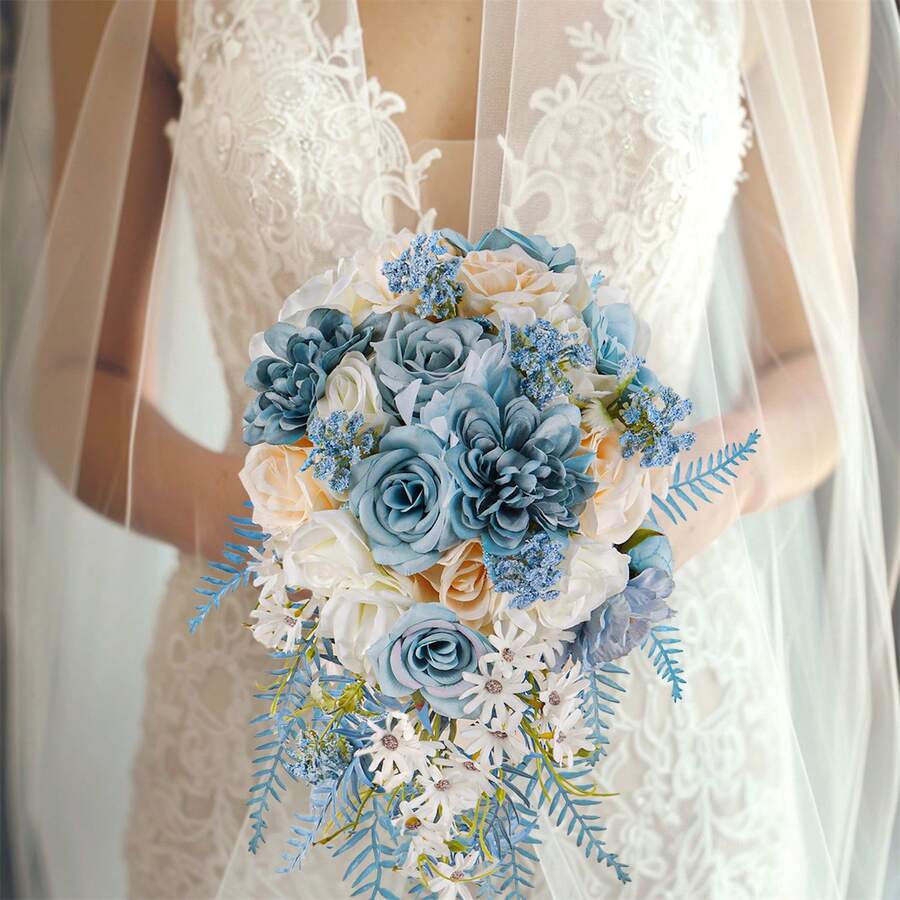 1pc Premium Artificial Flowers Blue Series Rose Bouquet - Romantic Water Drop Design Wedding Hand Flower For Bridal, Lifelike & Durable, No Maintenance Home Decor, Elegant Floral Arrangement For Bridal Showers, Faux Flowers,Wedding Bouquet, Bridal Accessory, Elegant Floral Design, Maintenancefree Blooms - 藍色 - 查看 1