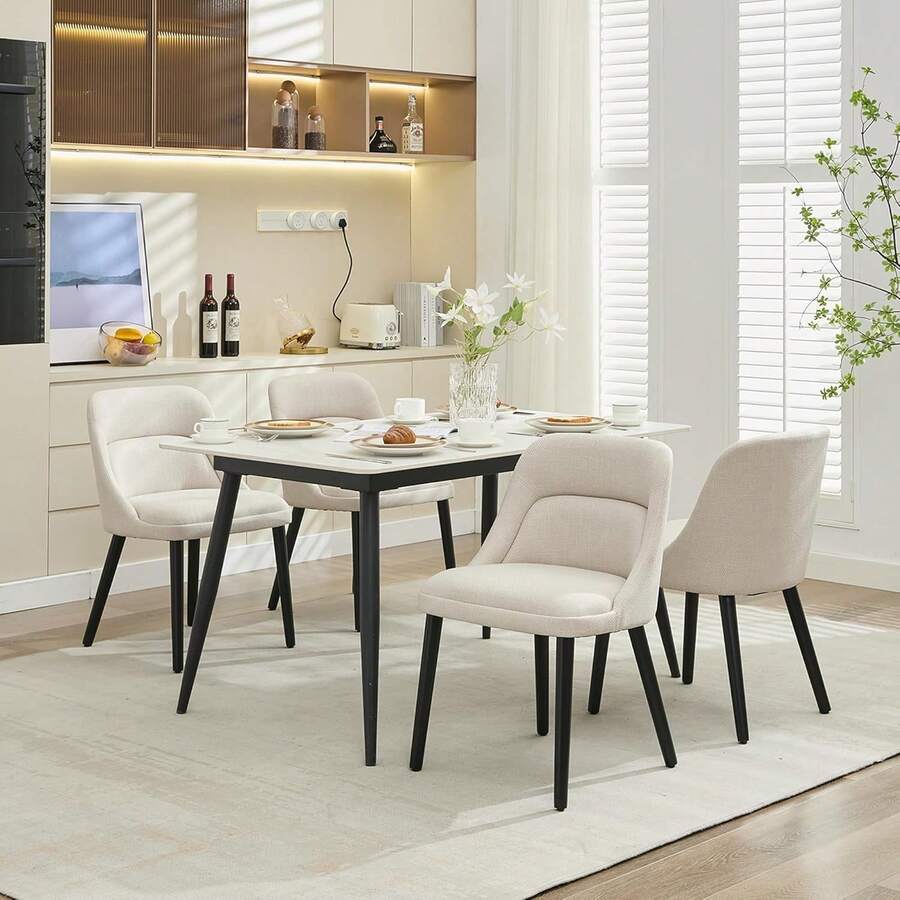 Upholstered Dining Chairs Set Of 2/4/6,Modern Fabric Kitchen Side Chairs With Thick Cushions And Wood Legs,Comfy Dining Room Chairs With Curved Backrest For Restaurant/Cafe - 米色-4件 - 查看 1