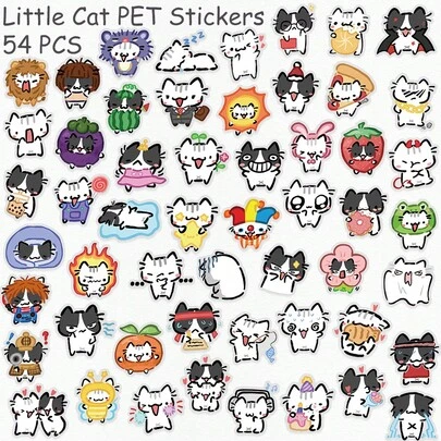 54张可爱猫咪贴纸，透明PET材质，猫咪主题，卡通可爱，趣味十足，动物造型，优雅美观，乙烯基材质，适用于水瓶、吉他、行李箱、手机、手机壳、笔记本电脑、滑板等，是馈赠佳品。
