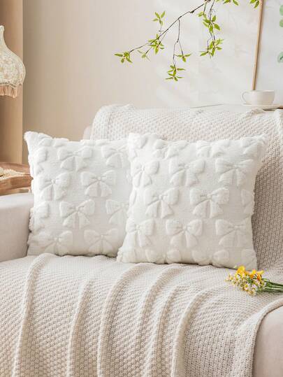 1/2 件白色蝴蝶结毛绒抱枕套，18 英寸 X 18 英寸，可爱、奢华、柔软，100% 涤纶，拉链开合，现代风格，适用于沙发、客厅、卧室装饰