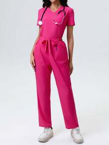 V-Neck Multi-Pocket Waist Tie Scrubs Uniform Set, Nurse Scrubs Workwear For Dentist, Healthcare, Pet Hospital, Laboratory - Hot Pink - View 6