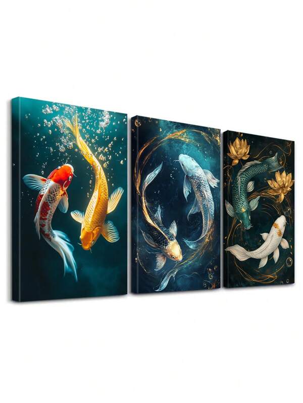 3 piezas Póster de Loto Dorado, Impresión de Lienzo de Agua Azul, Póster de Flujo Dinámico, Arte Moderno de Atmósfera Serena, Arte Moderno de Vida Acuática en Lienzo, Decoración de Pared con Peces Abstractos, Impresiones de Arte, Obras de Arte de Pared, Pósteres, Regalo Ideal, Opción de Enmarcado