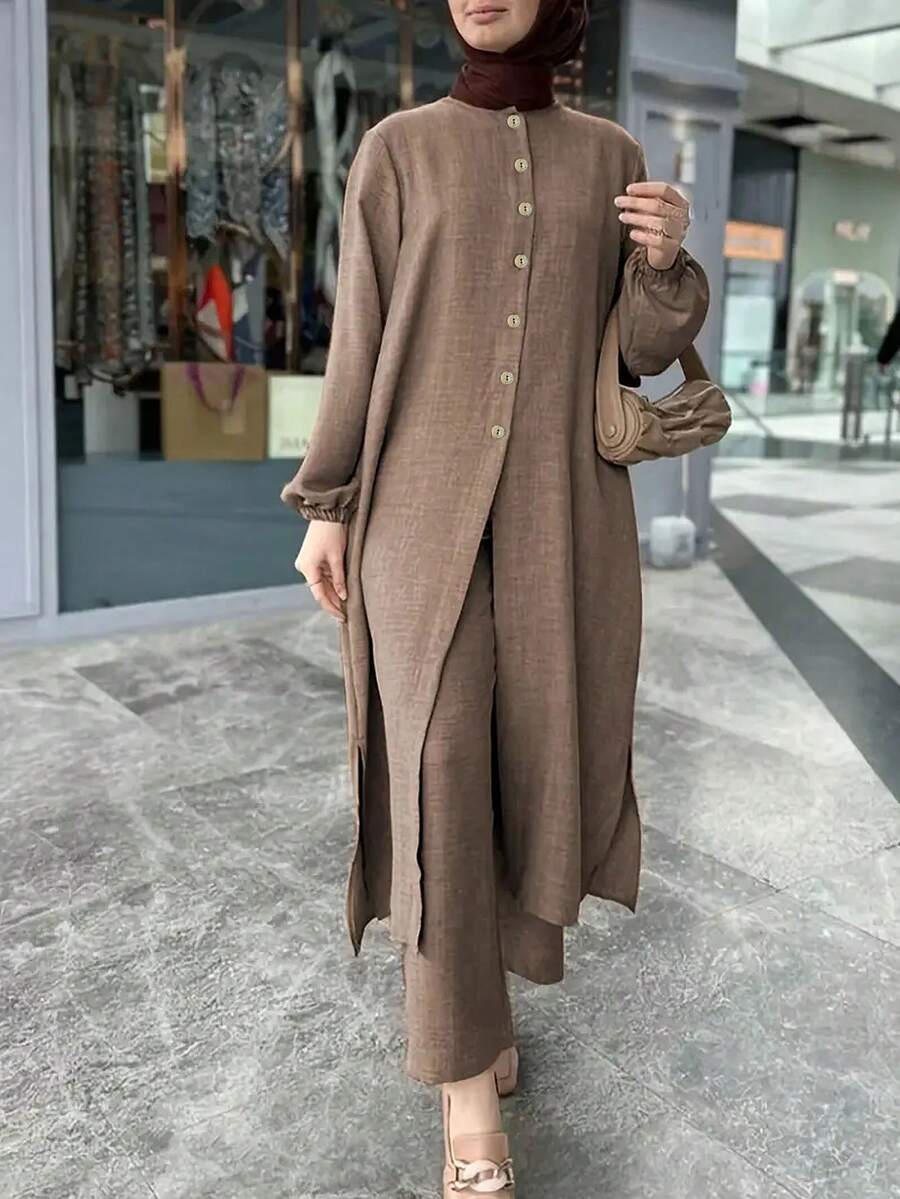 优雅纯色简约优雅服装，适合假期、家居和办公室 - 棕色 - 查看 1