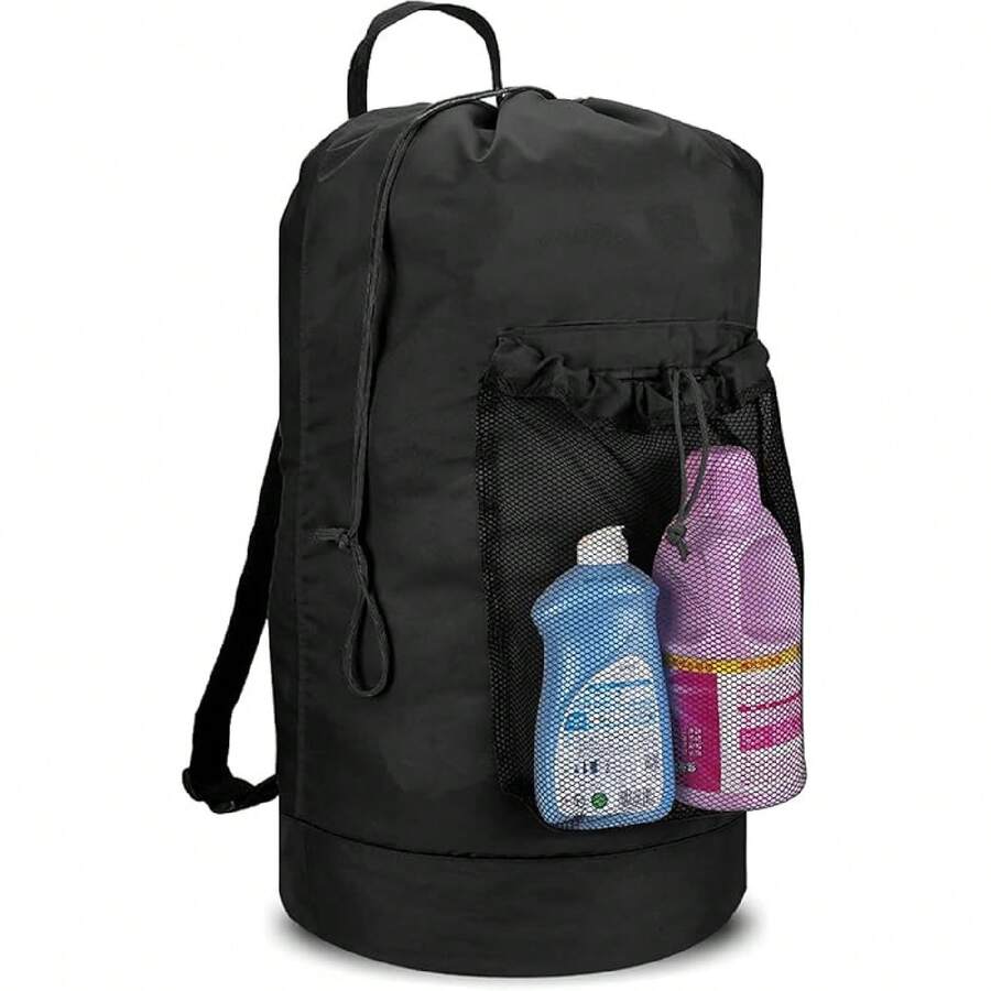 Mochila bolsa de lavandería, mochila de lavandería con correas de hombro y bolsillo de malla, bolsa de cesto de ropa duradera de nailon con cierre de cordón para la universidad, viajes, lavandería, apartamento - Negro - Ver 1