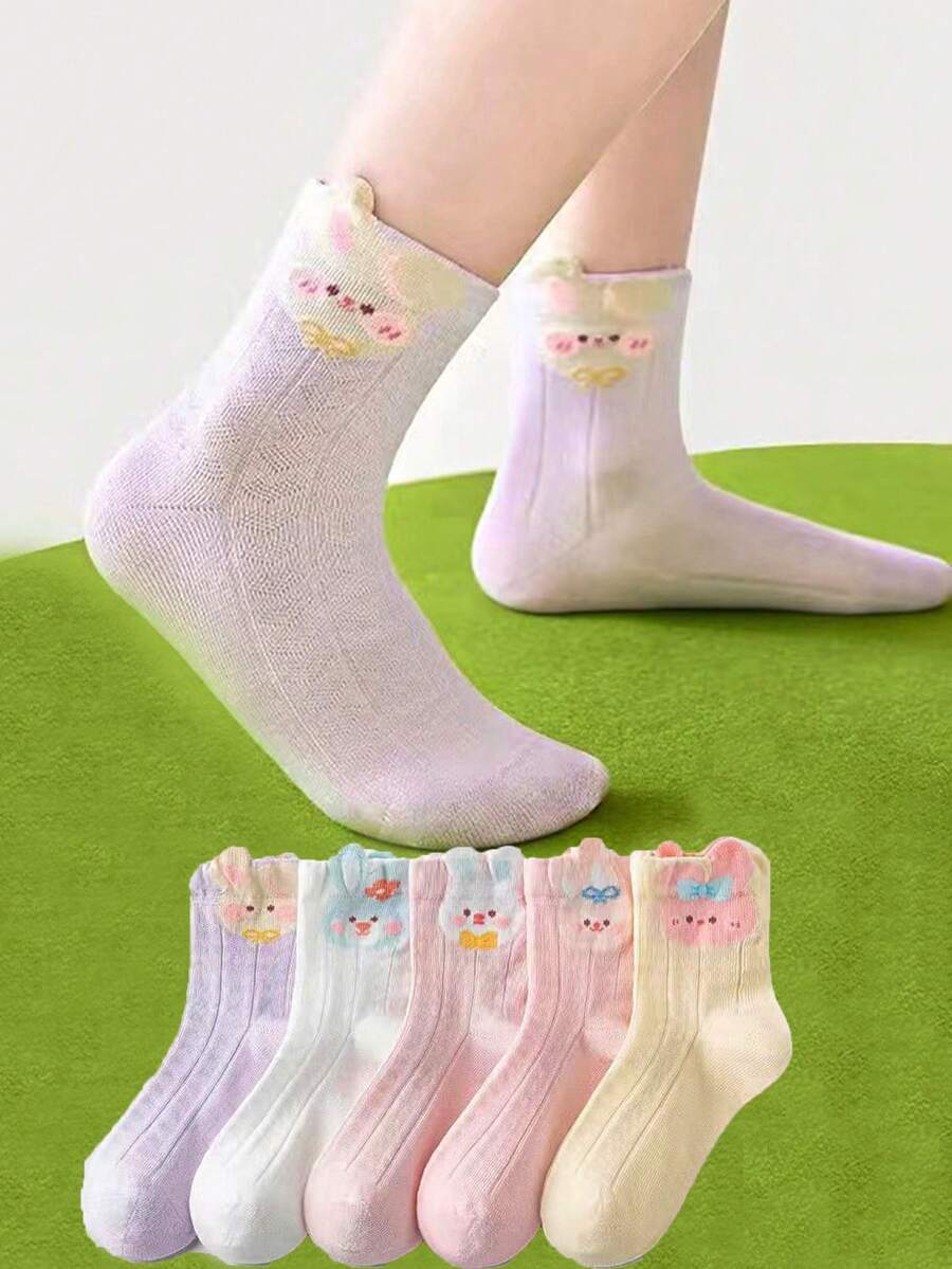 5 Pairs Super Thin Mesh Breathable Cute Pink Rabbit Pattern Children Middle Tube Socks, Summer - Multicolor - View 1
