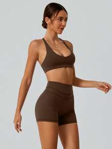 NcmRyu 1 Set Women's Fashion Elastic Sports Bra And Shaping Leggings Fitness Workout Suit Summer - Màu nâu Sô-cô-la - Xem 9